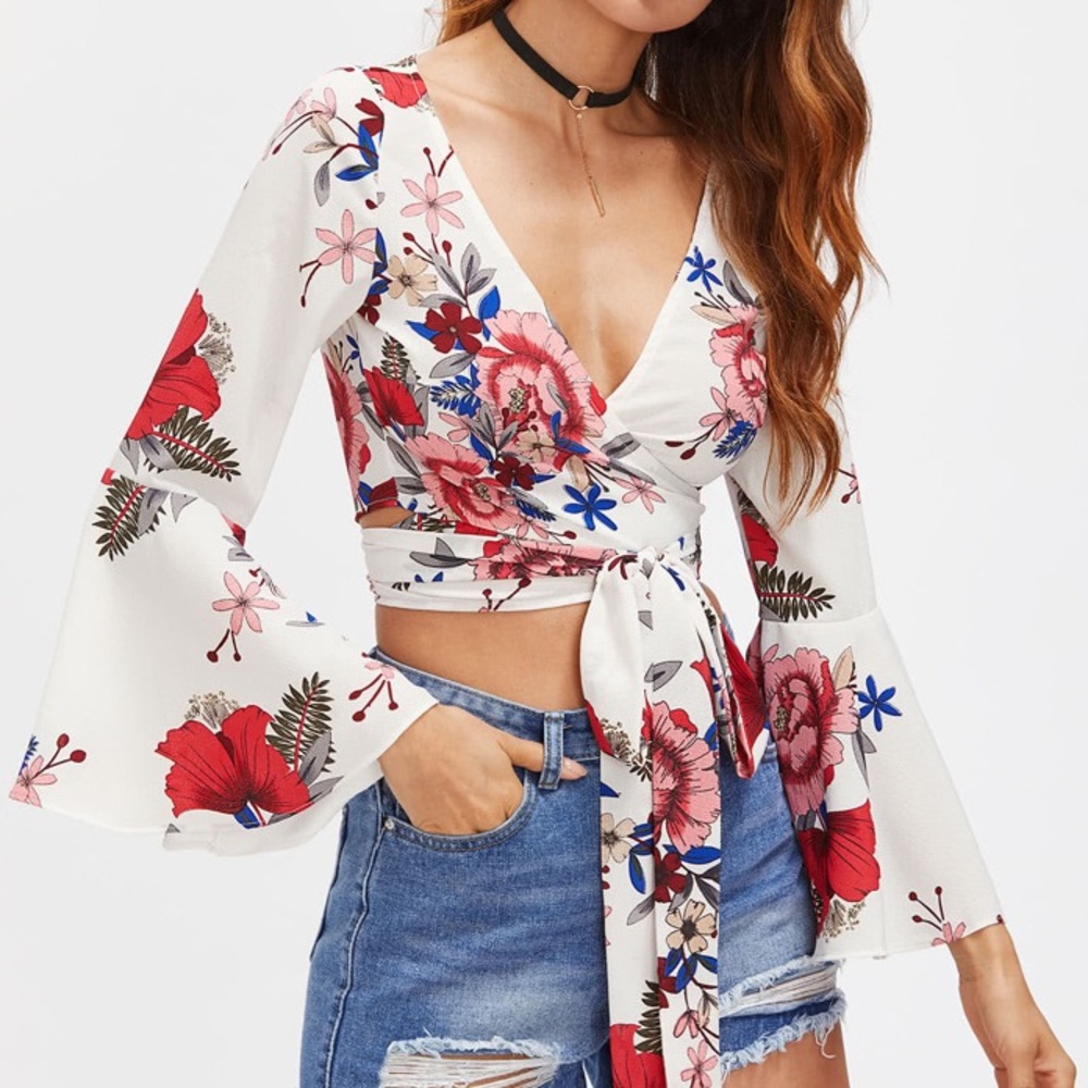 Long sleeve floral wrap top